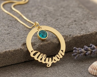 Birthstone Name Necklace in Circle Pendant