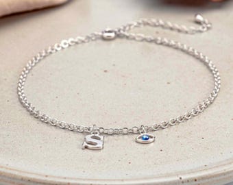 Evil Eye Anklet, Sterling Silver - Initial Charm Bracelet