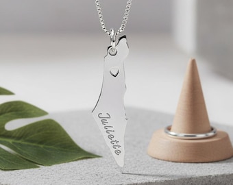 Israel Map Necklace, Sterling Silver Hebrew \ English Name