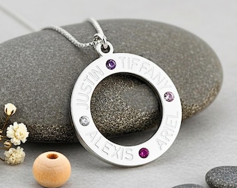 Personalized Mother Circle Necklace with Kids Names & Birthstones, Sterling Silver