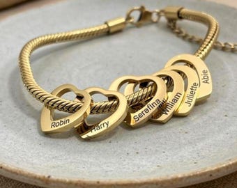 Mom, Grandma Heart Bracelet, Engraved Grandkids Names