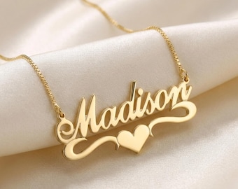 14K Solid Gold Heart Name Necklace for Women