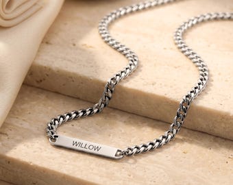 Cuban Chain Name Necklace, Personalized Bar Necklace, Stainless Steel