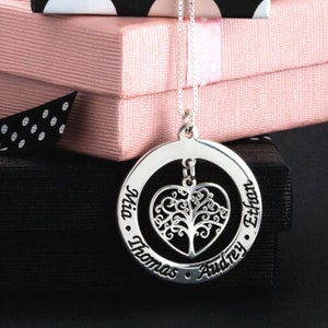 Tree of Life Mother Necklace with Multiple Kids Names & Family Tree Heart Charm Sterling Silver - Personalized Mothers Day Gift for Grandma