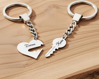Engraved Heart & Key Puzzle Keychain Set, Sterling Silver