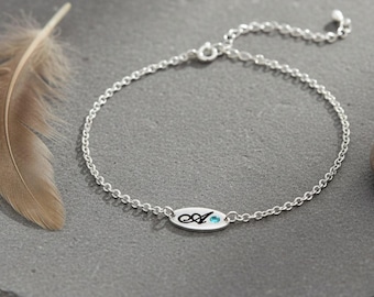 Birthstone Initial Anklet for Women, Sterling Silver
