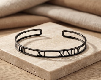 Roman Numeral Date Cuff Bracelet