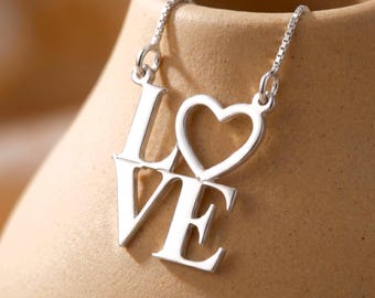 LOVE Necklace Love Heart Letters, Sterling Silver