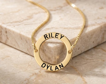 Minimalist Circle Necklace with Two Names in Sterling Silver