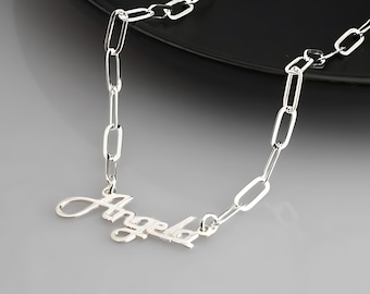 Collier trombone avec plaque signalétique en argent sterling, or 24 carats ou plaqué or rose - cadeau bijoux prénom personnalisé pour elle