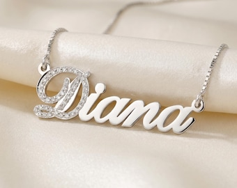 Custom Name Necklace, Pave Sterling Silver, Cubic Zirconia