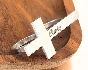 Two Finger Cross Ring - Custom Engravin Ring for Double Fingers from 925 Sterling Silver or 24K Gold Plated - Best Christmas Gift for Her