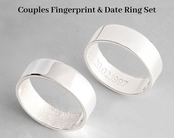 Matching Fingerprint Rings 925 Sterling Silver - Couple Date Rings - His and Hers Thumbprint Bands - Custom Weddind Gift for Husband & Wife