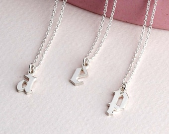 Tiny Initial Necklace, Old English Lowercase letter Pendant in Sterling Silver 925 - Gothic Personalized Jewelry - Gift for Her