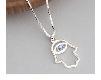 Evil Eye Hamsa Necklace for Women with Blue Eye Zircon Stone in 925 Sterling Silver-Fatima Hand Pendant Necklace-Unique Jewelry Gift for Her