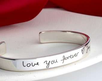 Handschrift-Armband aus Sterlingsilber – verstellbarer Armreif – individuelle Gravur – Herren-Manschettenarmband – Geschenkidee zum Valentinstag für Mama und Papa