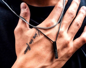 Mens Necklace with Kids Names, Personalized Black Bar Necklace for Dad, Engraved Stainless Steel