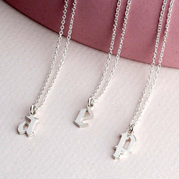 Sterling Silver Tiny Initial Necklace-Lowercase Initial Necklace-Old English Letter Necklace for Women-Gothic Font Necklace Delicate Jewelry