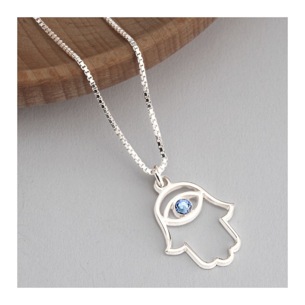 Evil Eye Hamsa Necklace for Women with Blue Eye Zircon Stone in 925 Sterling Silver-Fatima Hand Pendant Necklace-Unique Jewelry Gift for Her