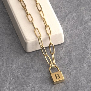 Personalized Padlock Necklace: Laser Engraved Initial, Paperclip Chain