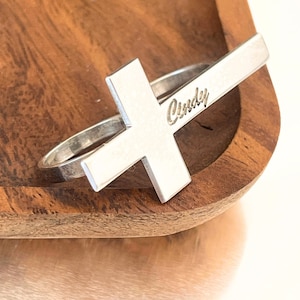 Engraved Two Finger Cross Ring: Sterling Silver Personalized Jewelry