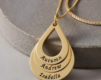 Sterling Silver Teardrop Mom Necklace with Kids Names