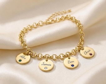 Mothers Bracelet Engraved Kids Names and Birthstone, Sterling Silver