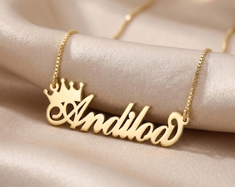 14K Solid Gold Crown Name Necklace: Personalized Princess Jewelry