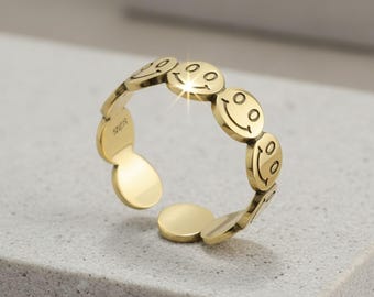 Sterling Silver Smiley Face Ring Adjustable  - 80s Style Band