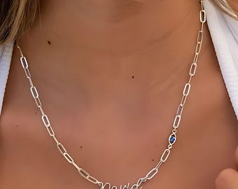 Evil Eye Name Necklace Sterling Silver Paperclip Chain