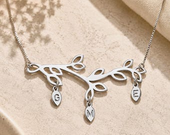 Family Tree Branch Necklace for Mom with Kids Initial Charms, Sterling Silver