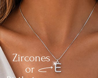 Personalized Initial Necklace, Pave CZ Birthstone Letter Pendant, Sterling Silver