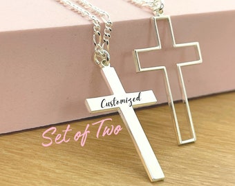 Matching Cross Necklace Set of Two - Protection Couple Jewelry - 925 Sterling Silver, 24K Gold Plated - His and Hers Valentines Day Gift