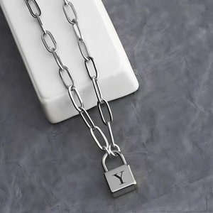 Initial Padlock Necklace Paperclip Chain - Custom Engraved Lock Pendant - Stainless Steel or Sterling Silver 925 - Jewelry Gift for Her