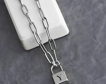 Initial Padlock Necklace on Paperclip Chain