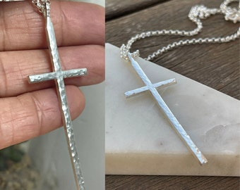 Large Hammered Cross Necklace - Sterling Silver Statement Cross with Long Chunky Rolo Chain - Best Baptism Gift for Her Valentines Day