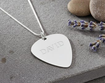 Custom Engraved Guitar Pick Necklace Sterling Silver