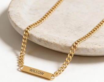 Cuban Chain Name Bar Necklace Custom Engraved, Stainless Steel