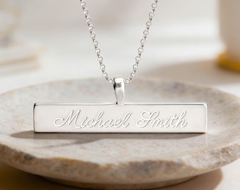 Name Bar Necklace Sterling Silver - Custom Engraved Handwriting Jewelry