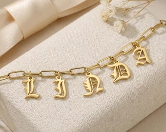 Old English letter Necklace, Sterling silver, Paperclip Chain - Personalized Initial Jewelry