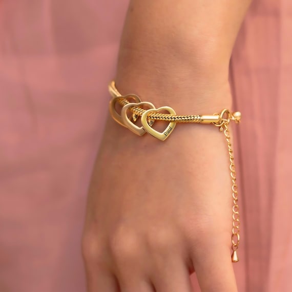 Mom Bracelet with Kids Names, Engraved Heart Charms, Family Jewelry - Valentines Day Gift for Wife