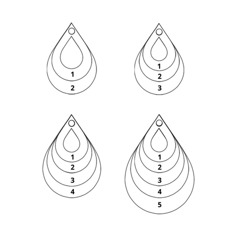 May include: Four black and white line art templates of teardrop-shaped pendants. Each shape features a small circular hole at the top and concentric teardrop outlines labeled with numbers 1 through 5, indicating varying sizes for each design.