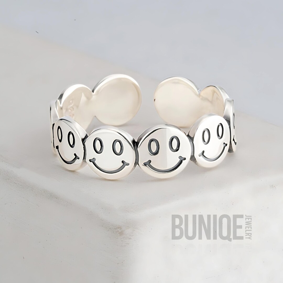 【as if calie】24FW CALIE SMILE RING Smiley Faces Ring Sterling Silver Adjustable | Open Selvered