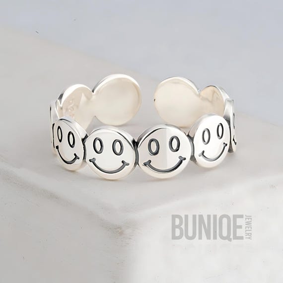 Smiley Faces Ring Sterling Silver Adjustable | Open Selvered