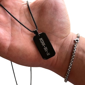 Colar com placa de identificação de ônix preta - Joia masculina personalizada gravada - Presente de Dia dos Pais para o melhor pai da família