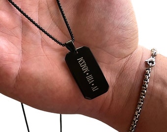 Black Onyx Dog Tag Necklace - Custom Engraved Mens Jewelry - Fathers Day Gift for Best Daddy from Family