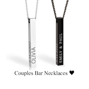 Couples Matching Necklace Set - 4 Sides Engraved 3D Bar Black & Silver Stainless Steel - Christmas Gift Idea