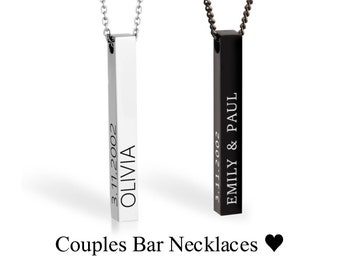 Matching 3D Bar Necklace Set for Couples - Black, Silver Stainless Steel - Custom Engraved 4 Sides - Mothers & Fathers Day Family Jewelry