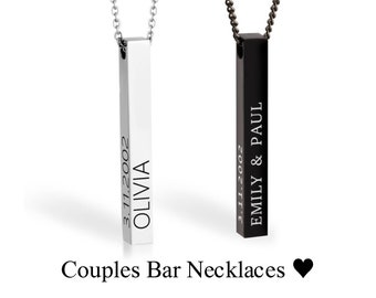 4 Sides Engraved 3D Bar Matching Couples Necklace Set