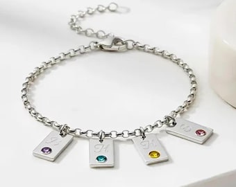 Personalized Mom Bracelet Kids Initial & Birthstone, Sterling Silver